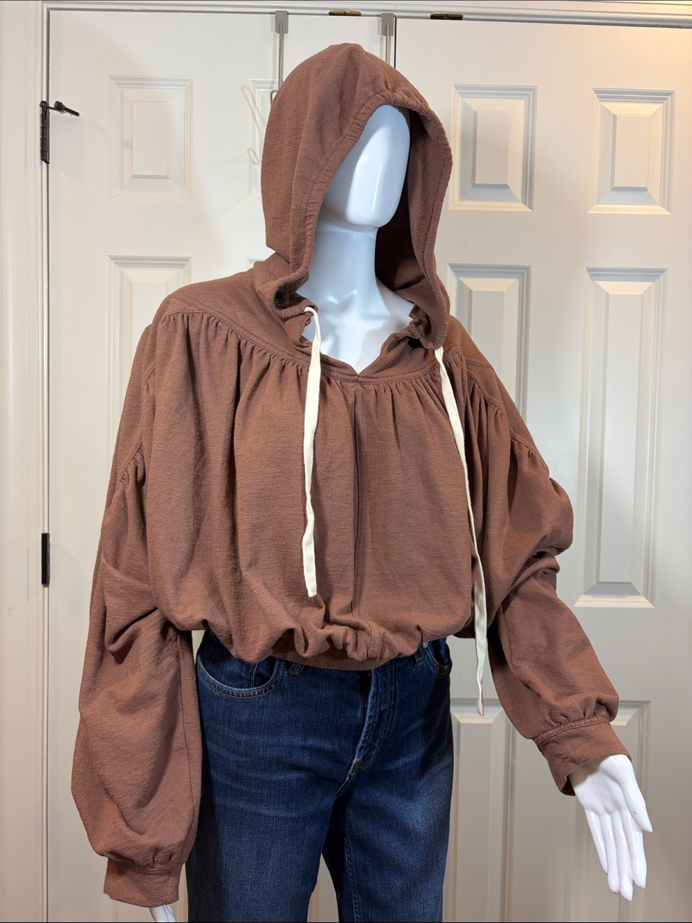 Free People Brown Hooded Drawstring cropped oversized Pullover